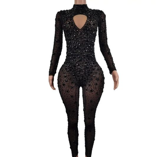 Sheer Transparent Cut-Out Rhinestone Long Sleeve Women's Jumpsuit