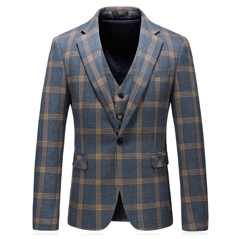 Men's Plaid Blue/Yellow Business Wedding Formal 3-Piece Suit w/ Vest