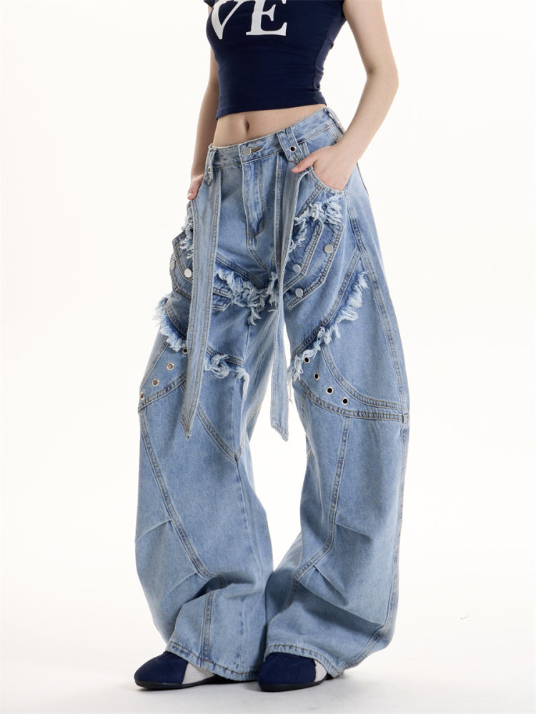 Baggy Tassel Fringe Loose Strap Design Women's Heavy Industry Deconstructive Cargo Jeans