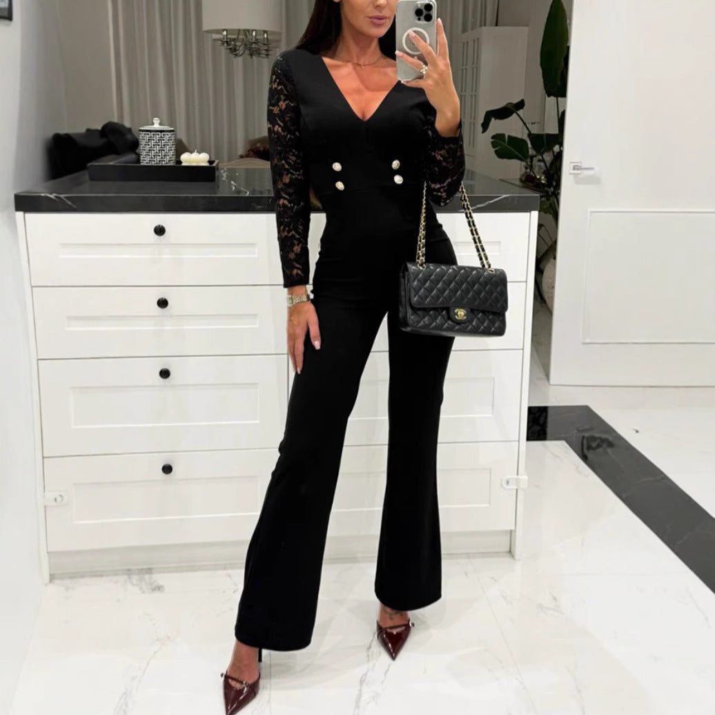 Double Button Design Long Sleeve Women's V-Neck Business Blazer Jumpsuit