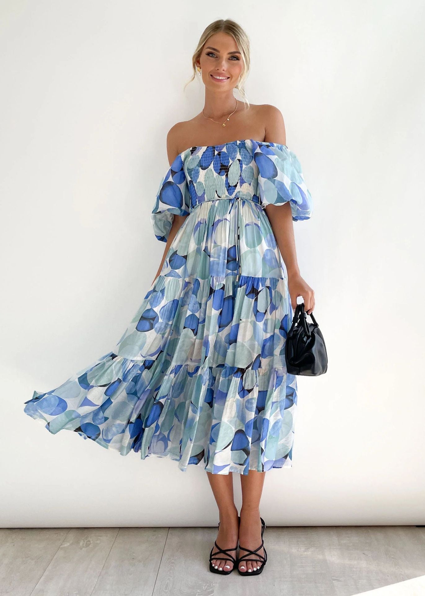 Flower Print Tiered Short Bubble Sleeve High Waist Off-the-Shoulder Bohemian Maxi Dress