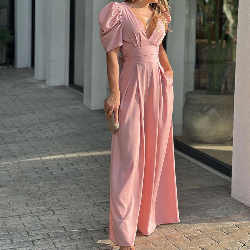 Short Balloon Sleeve Cinched Waist Deep V-Neck Wide Leg Solid Color Jumpsuit to 3X Plus Size