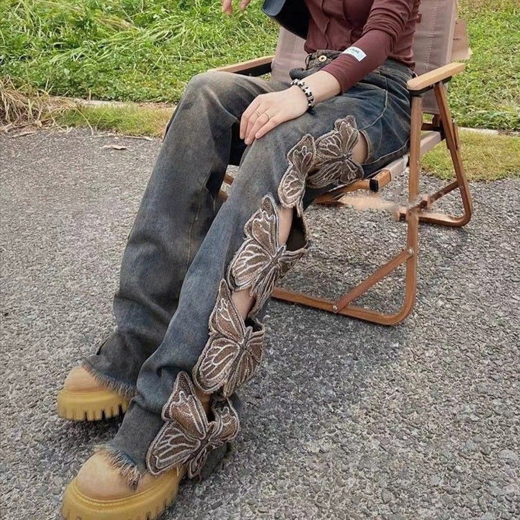 Retro Washed Faded High Waist Butterfly Embroidered Loose Hole Pattern Women's Hollow-Out Wide Leg Jeans to 3X Plus Size