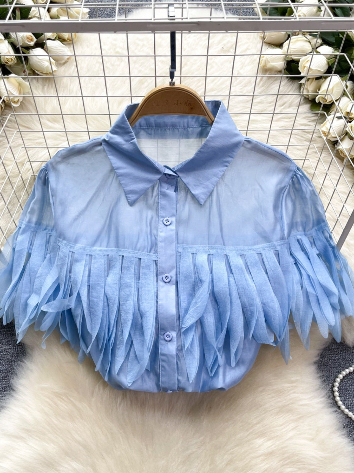 Sheer Tassel Fringe Puffed Short Sleeve Turn-Down Blouse