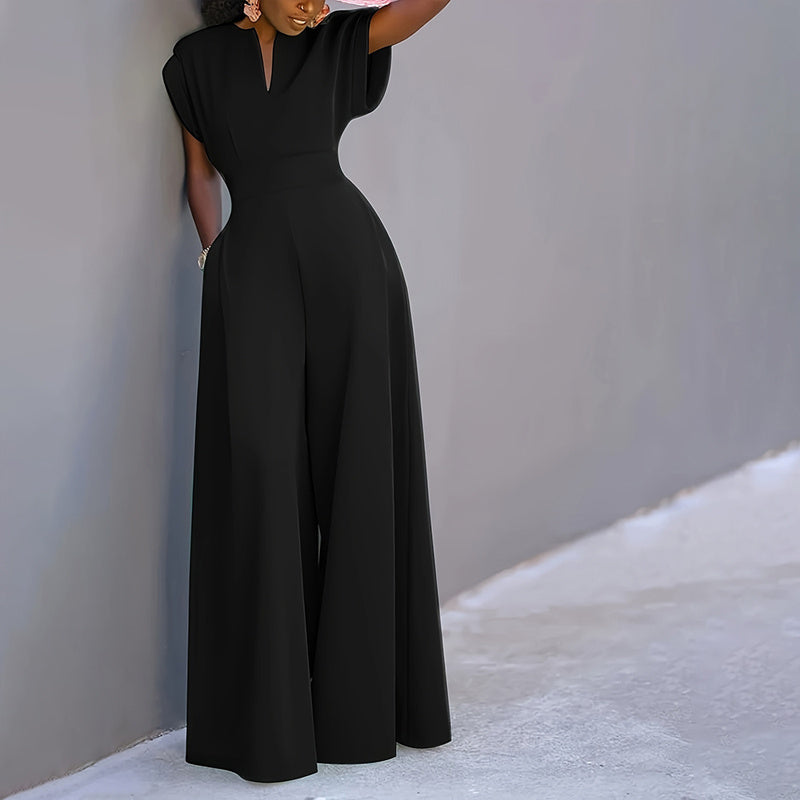 Women's V-Neck Solid Color Short Sleeve Wide Leg A-Line High Waist Jumpsuit to 3X Plus
