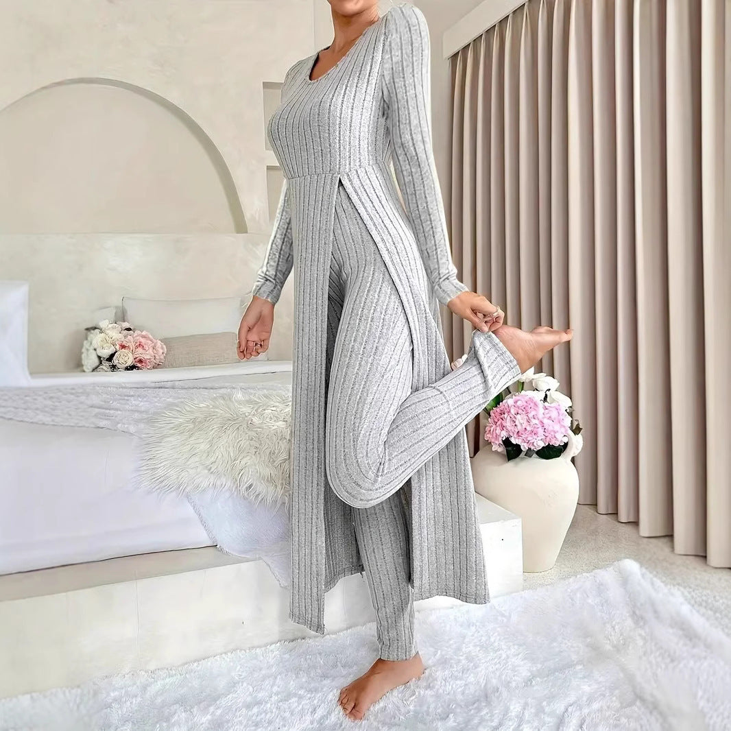 Ribbed O-Neck Split Long Sleeve Maxi Shirt + Leggings Women's Two-Piece Set