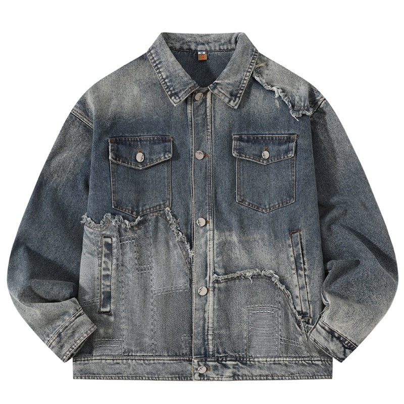 Men's Washed Denim Ripped Gradient Colorblock  Button Front Jean Jacket
