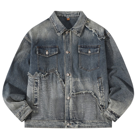 Men's Washed Denim Ripped Gradient Colorblock  Button Front Jean Jacket
