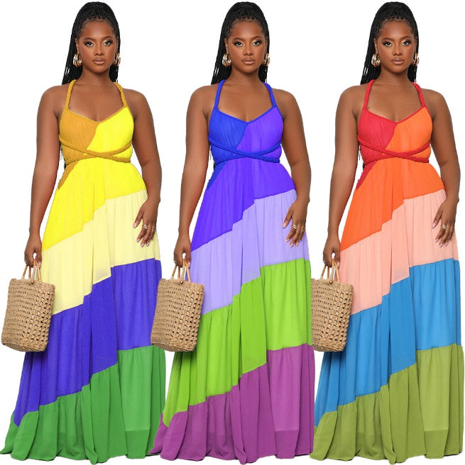 Chiffon Diagonal Colorblock Striped Print Spaghetti Strap V-Neck Maxi Sundress