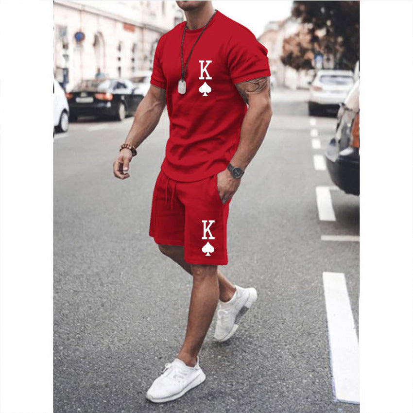 Men's King Of Spades Print Loose Solid Color Casual T-Shirt + Shorts 2-Piece Set