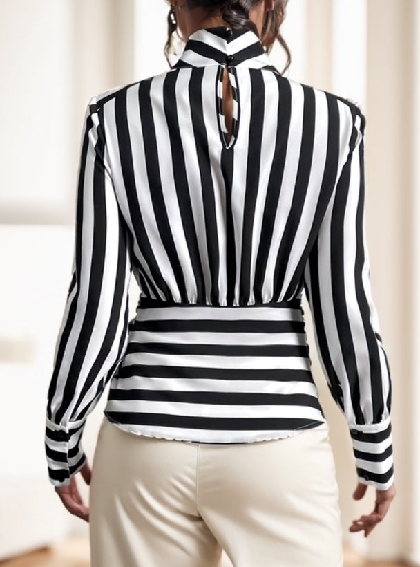 Striped Long Sleeve Tied Sash Women's Shirt