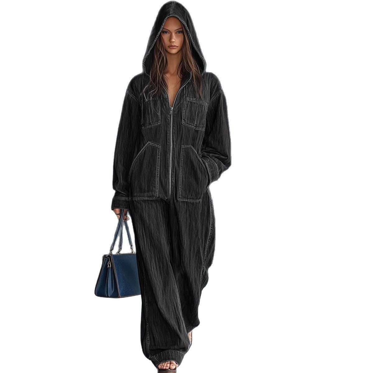 Denim Blue/Black Baggy Long Sleeve Oversized Women's Zipper Front Overall Hoodie Jeans Jumpsuit