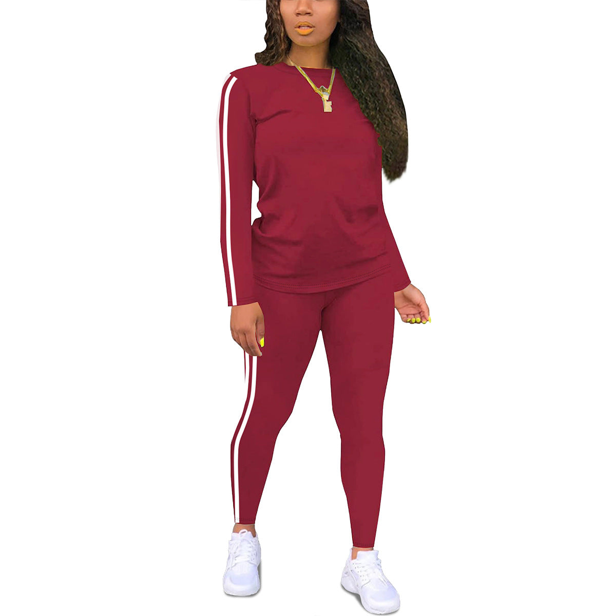 Side Striped Fitness O-Neck Women's Long Sleeve Top + Skinny Sweatpants 2-Piece Set