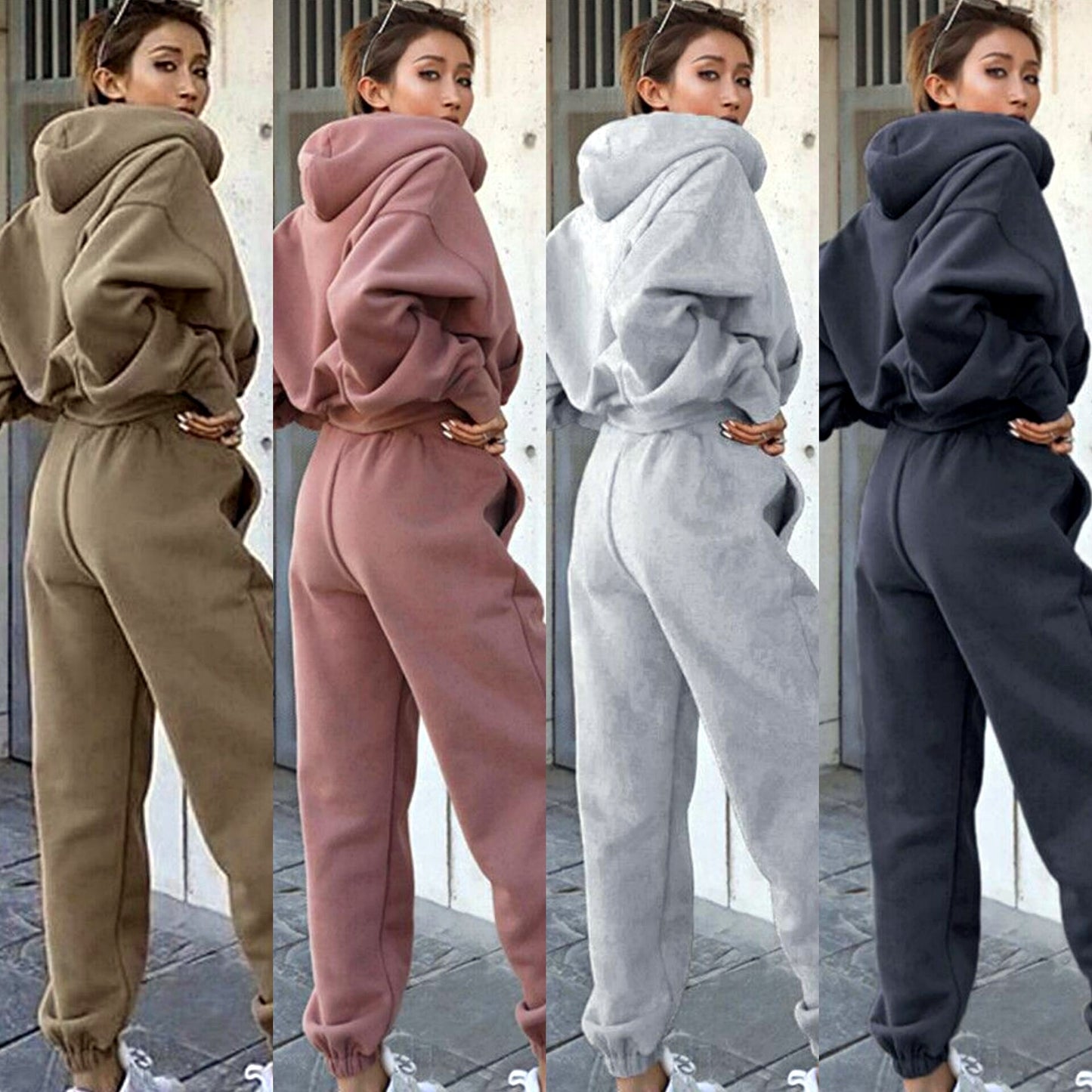 Solid Color Women's Casual Hoodie + Sweatpants Tracksuit