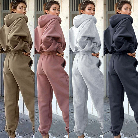 Solid Color Women's Casual Hoodie + Sweatpants Tracksuit
