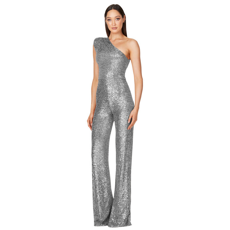 Sequin Sleeveless Sparkling Glitter Asymmetrical One Shoulder Women's Jumpsuit