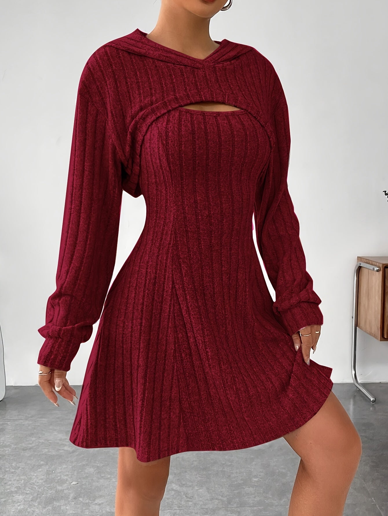 Cut-Out Ribbed Long Sleeve Solid Color Women's Hoodie Shrug Crop Top & Sleeveless Flared Square Neck A-Line Tank Dress 2-Piece Set