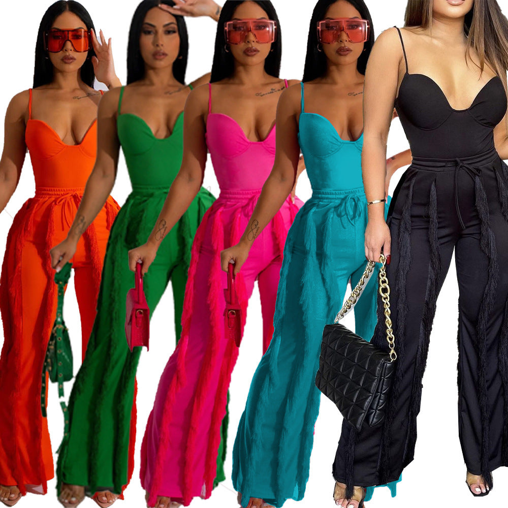 Solid Color V-Neck Tank Top + Tassel Fringe Pants Women's 2-Piece Set