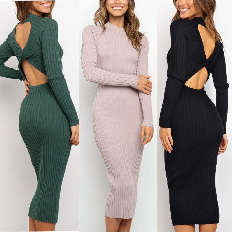 Ribbed Mock Neck Long Sleeve Solid Color Hollow-Out Back Skinny Sweater Dress