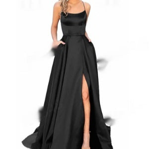 Silk Solid Color Halter Spaghetti Strap High Slit Bridesmaid/Party Formal Dress to 3X Plus Size