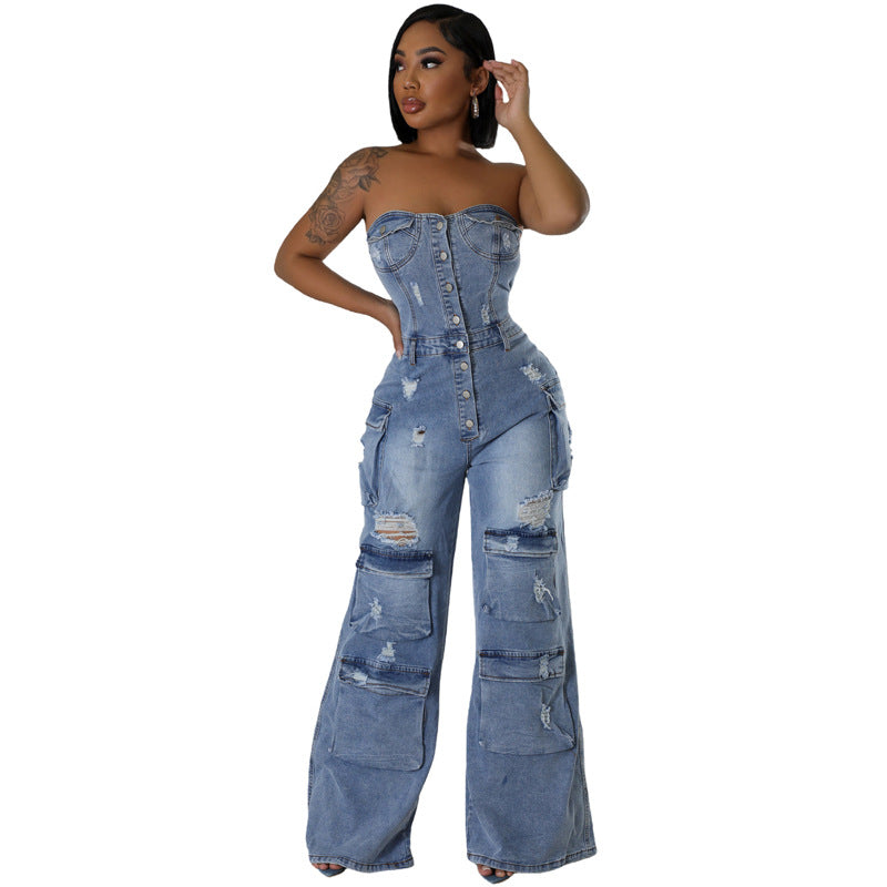 Denim Faded Washed Sleeveless Ripped Button-Up Women's Cargo Multi-Pocketed Tube Top Jeans Jumpsuit