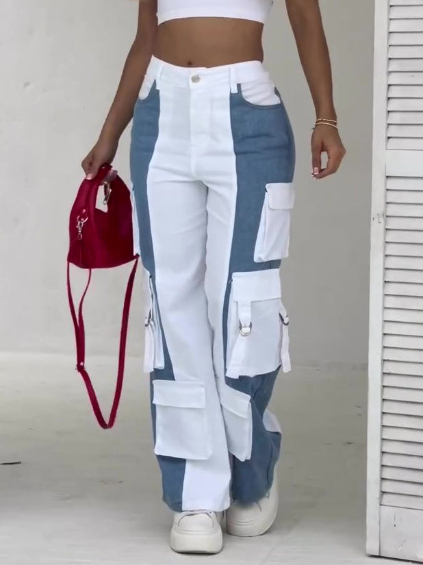 Color Contrast Colorblock White/Blue Pocketed Women's Streetwear Cargo Jeans