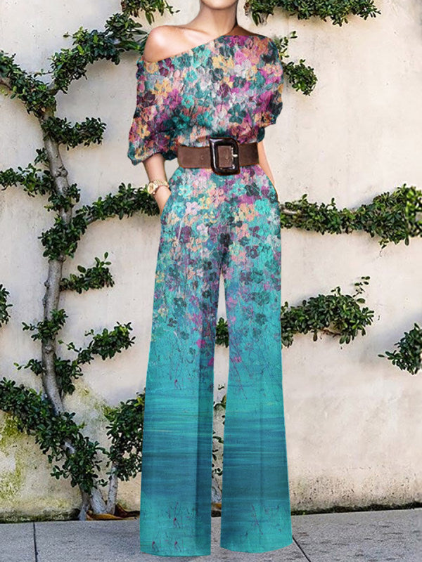 Butterfly/Floral Print/Abstract Portrait One Shoulder Short Sleeve High Waist Women's Wide Leg Jumpsuit to 3X Plus Size
