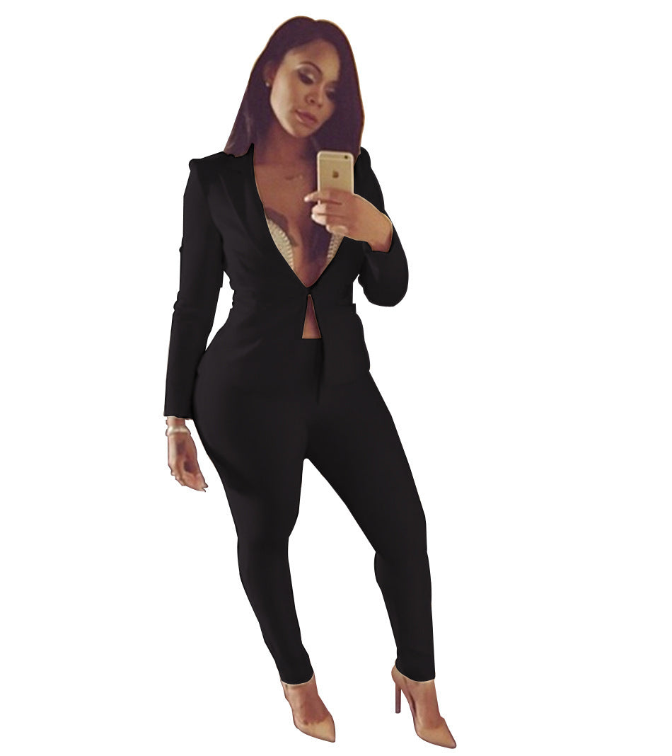 Hollow-Out, Low-Cut Solid Color Women's Blazer Jacket + Skin Tight Pants Suit