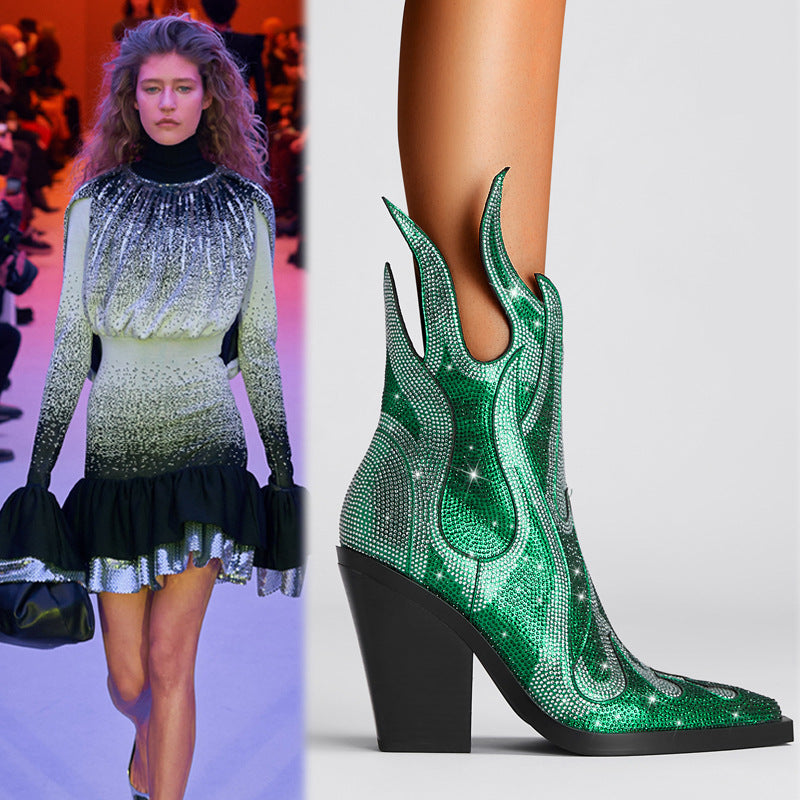 Flame Rhinestone Design Women's Low Square Toe Chunky Heel Martin Ankle Boots