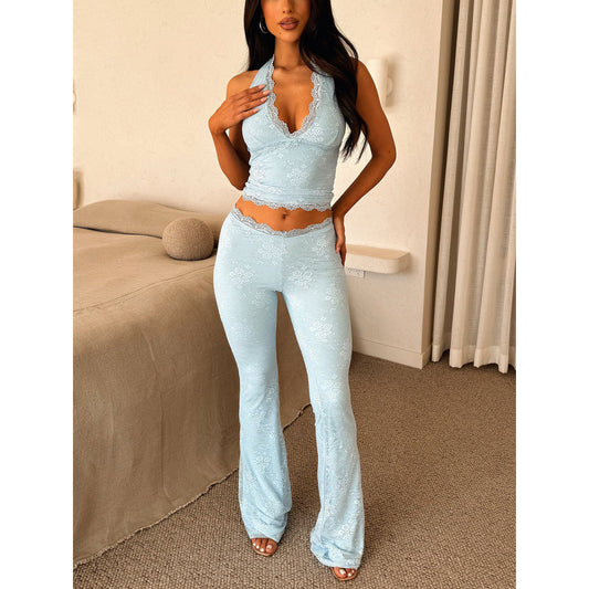 Lace Trim Sleeveless Women's V-Neck Halter Top + Skinny Elastic Waist Leggings 2-Piece Set