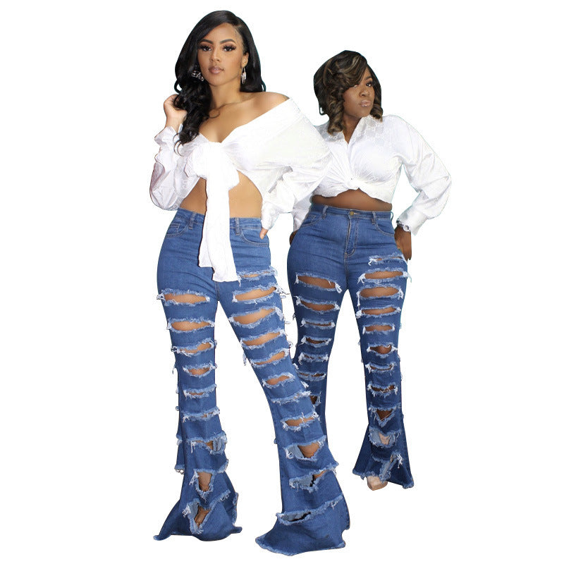 Denim Ripped Torn Hollow-Out Fringe Design Women's Jeans to 5X Plus Size
