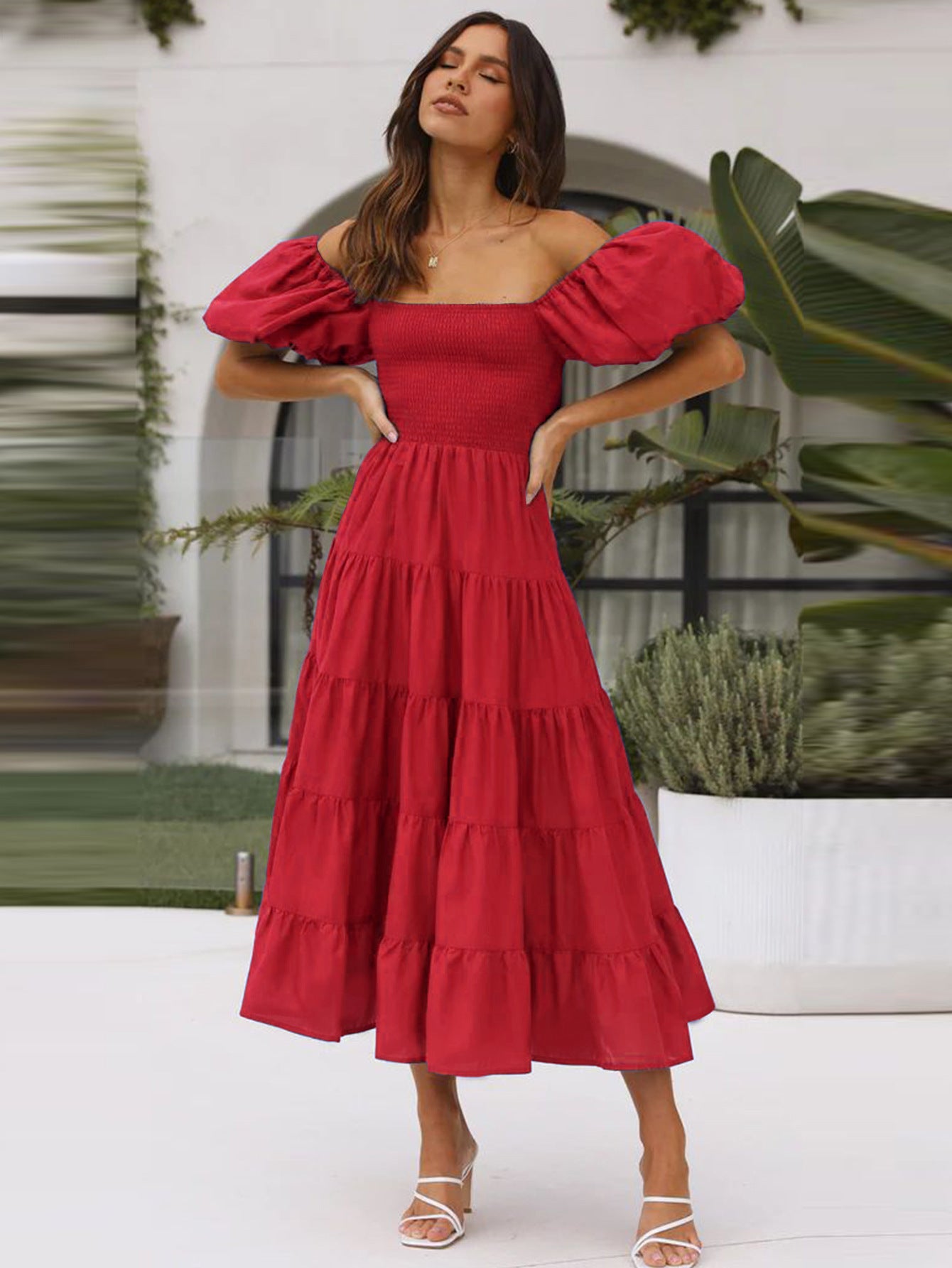 Flower Print Tiered Short Bubble Sleeve High Waist Off-the-Shoulder Bohemian Maxi Dress