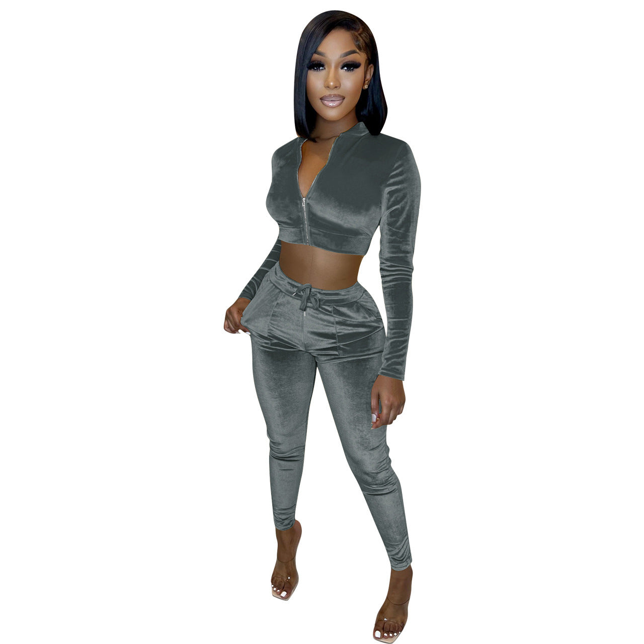 Velvet Solid Color Cropped Zipper Jacket + Drawstring Sweatpants Women's Tracksuit