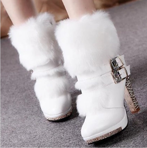 Rhinestone Embellished Faux Fur/Leather Chunky Stiletto Heel Women's Ankle Boots