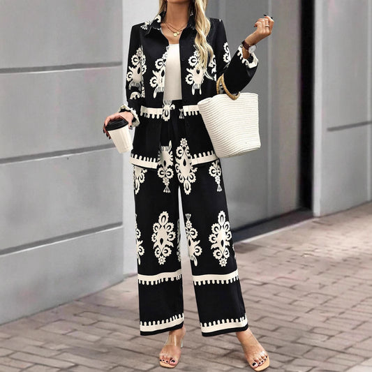 Baroque Embroidered Print Loose Blouse + Pants Women's 2-Piece Set