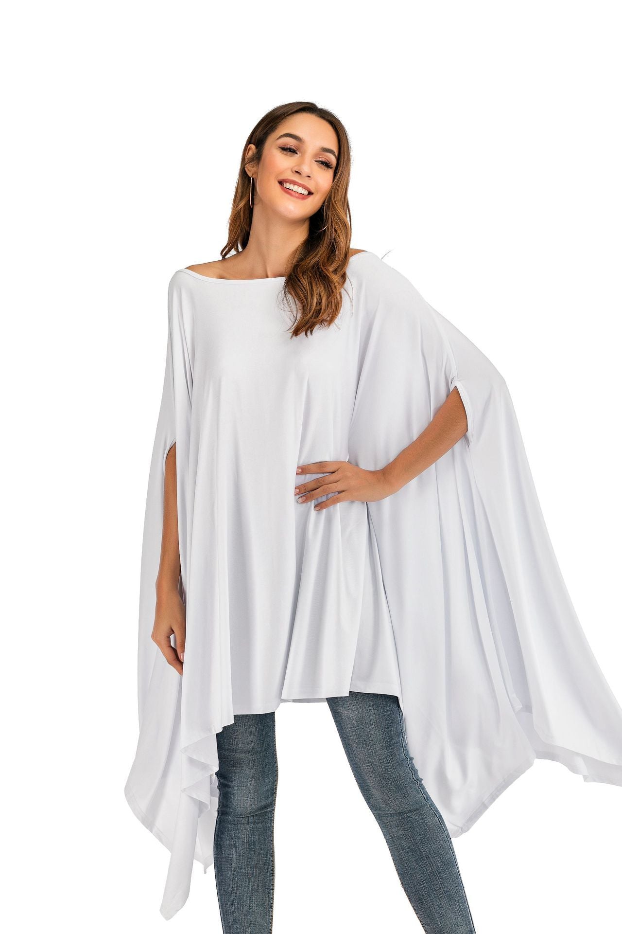 Irregular O-Neck Solid Color Batwing Sleeve Women's Maxi Shirt