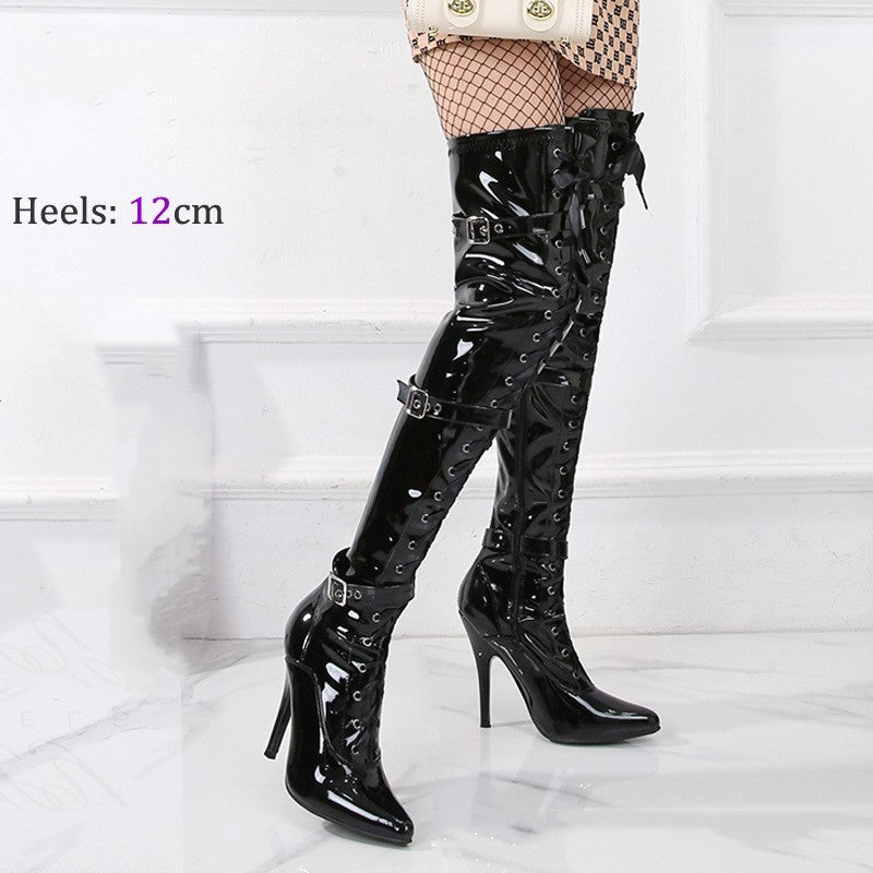 Patent Leather Mirror Buckle Design Lace-Up Over-the-knee Pointed Toe Stiletto Heel Women's Boots 12cm
