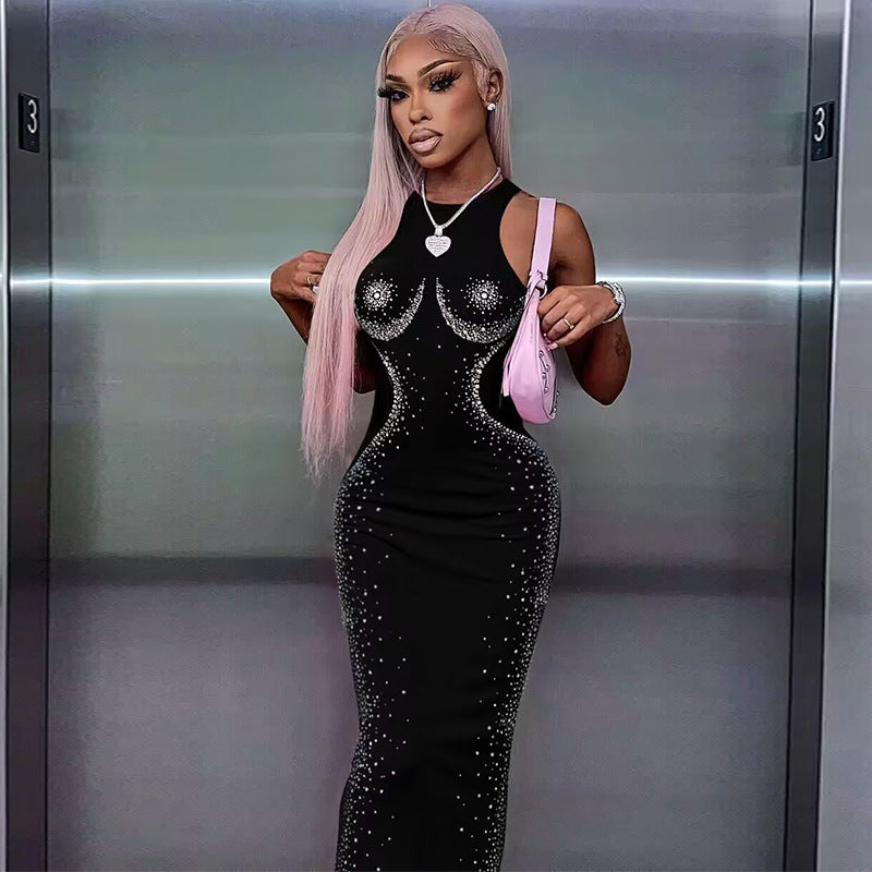 Black Rhinestone Skinny Sleeveless Maxi Dress