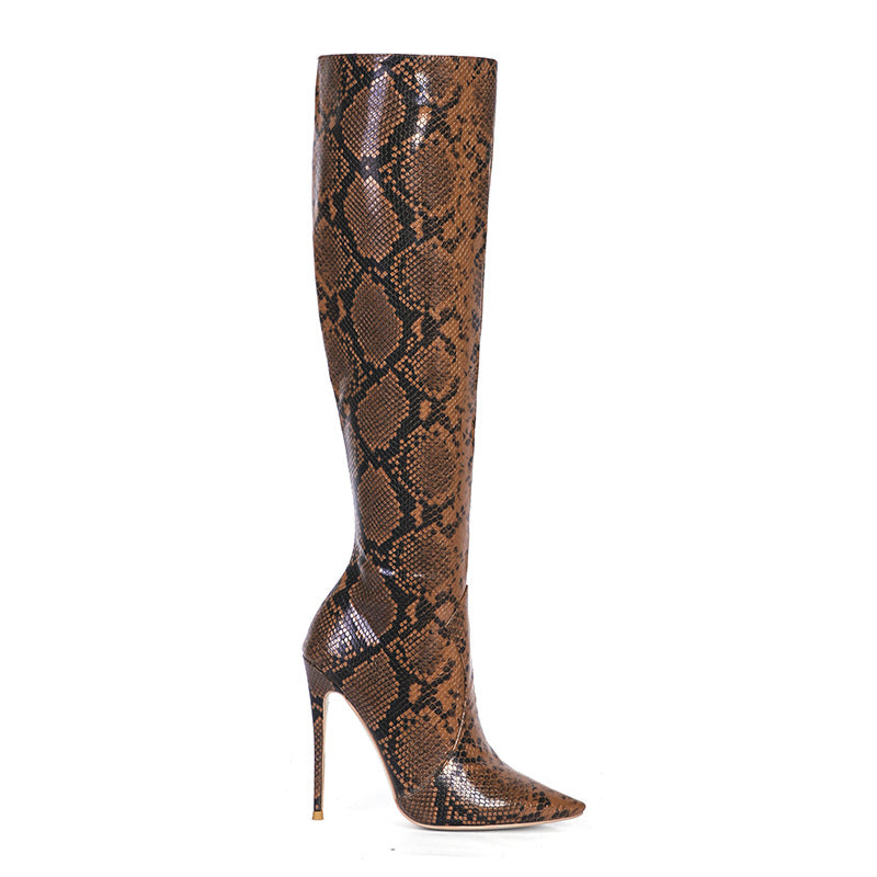 Snake Gradient Pattern Women's PU Leather Stiletto Heel Side Zipper Knee-High Boots