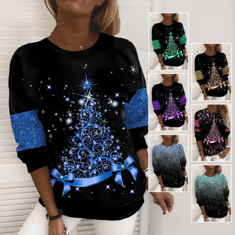Sparkling Christmas Tree/Glitter Colorblock Design Women's 3D Digital Print Long Sleeve Round Neck Sweater