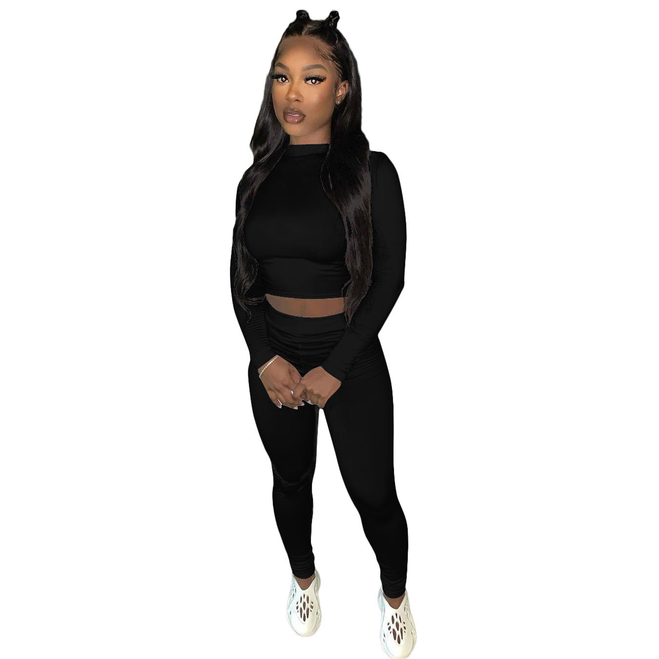 Long Sleeve Solid Color Women's Crop Top + Ruched Skin Tight Leggings 2-Piece Fitness Tracksuit