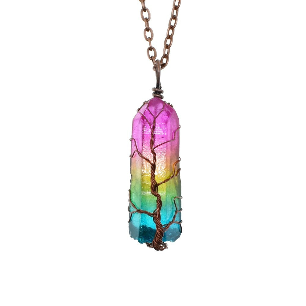 Gradient Colorblock Crystal Stone Pillar Tree Of Life Pendant Chain Necklace