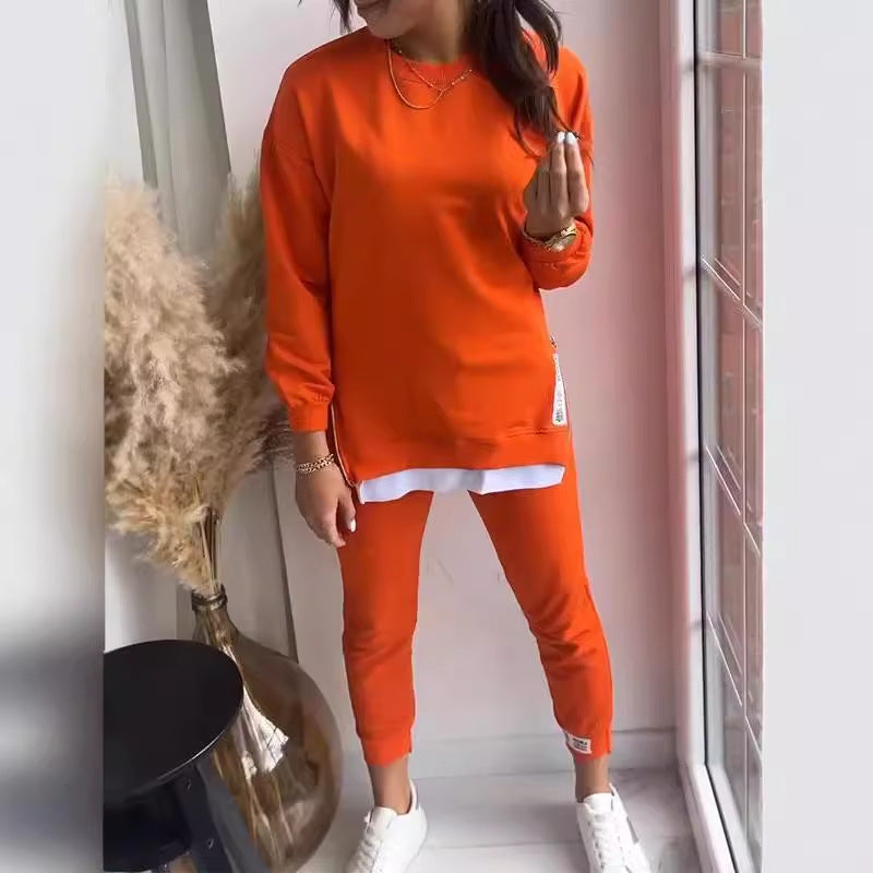 O-Neck Long Sleeve Women's Side Slit Design Sweatshirt + Skinny Sweatpants 2-Piece Set to 5X Plus Size