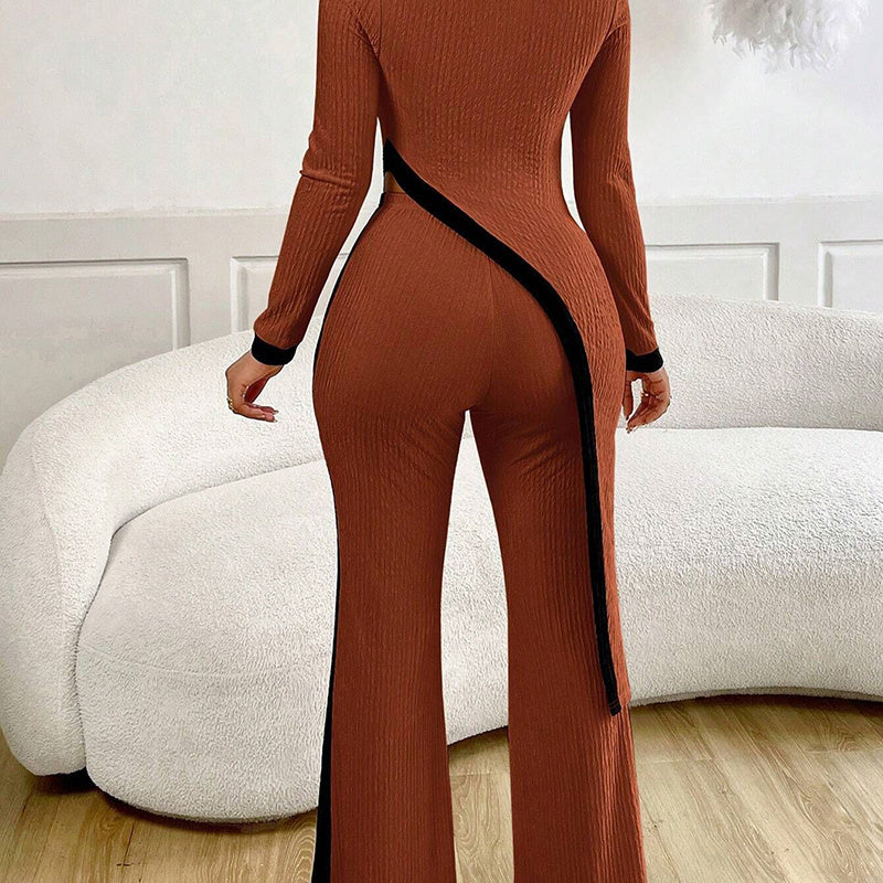 Striped Colorblock Women's Asymmetrical Hem Long Sleeve Top + Wide Leg Pants 2-Piece Set