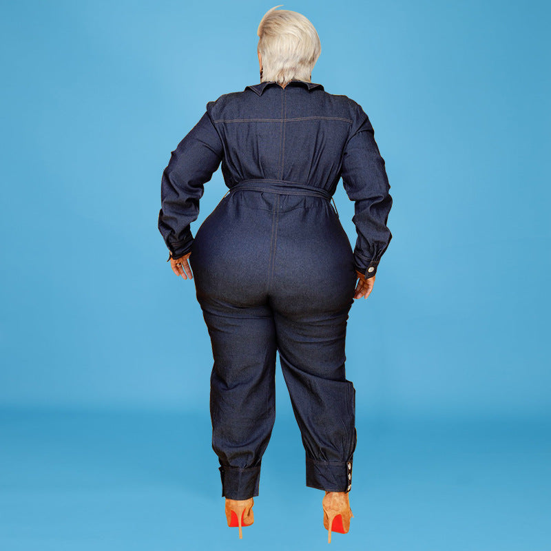 Dark Blue Denim Double Pocket Design Women's Long Sleeve Button-Up Sash Belted Jumpsuit to 5X Plus Size