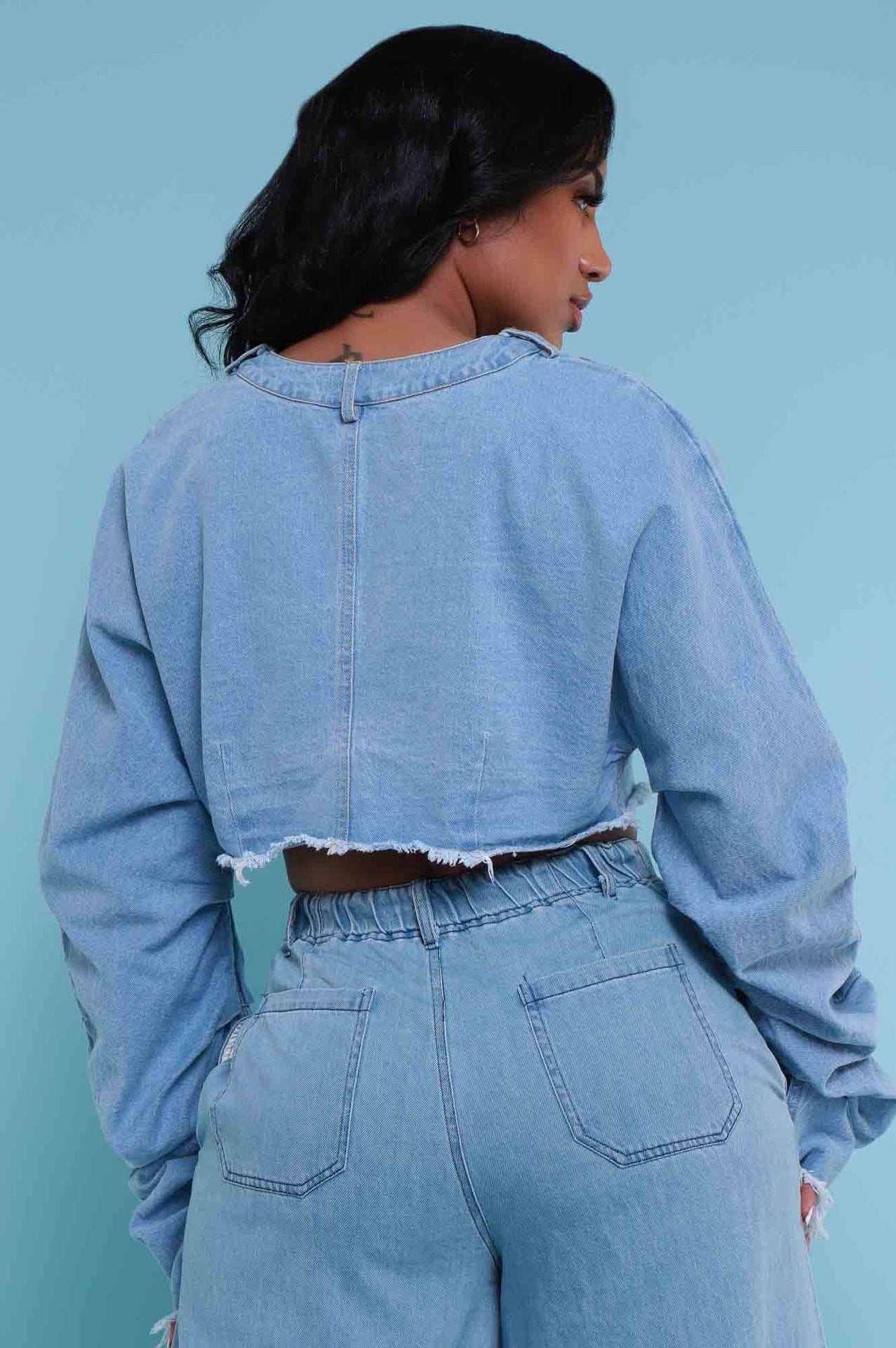 Blue Denim Ripped Hem Single Button Long Sleeve Jean Crop Top + Elastic Waist Drawstring Wide Leg Jeans Women's 2-Piece Set
