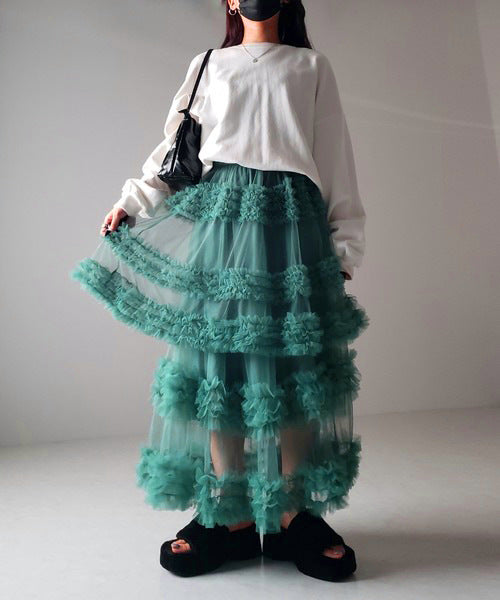 Mesh Tiered Sheer Transparent 3-Layer Spliced Tutu Maxi Skirt