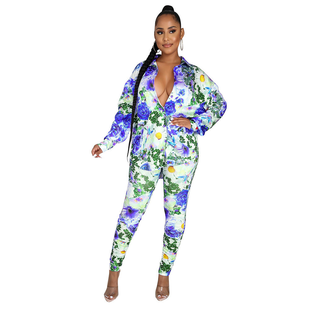 Big Flower Multi-Colored Print Long Sleeve Turn-Down Collar Blouse + Leggings 2-Piece Suit
