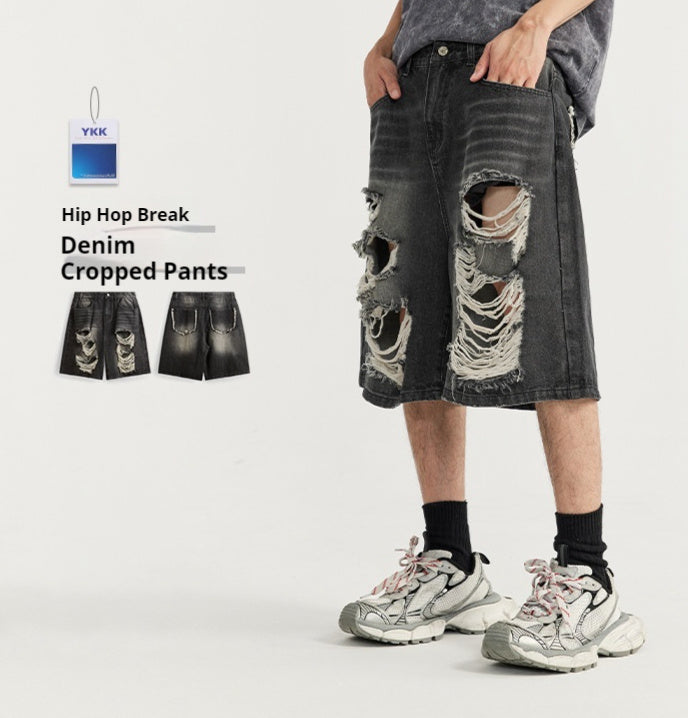 Denim Black Washed Streetwear Hip-Hop Ripped Fringe Raw Edge Pocketed Jean Shorts