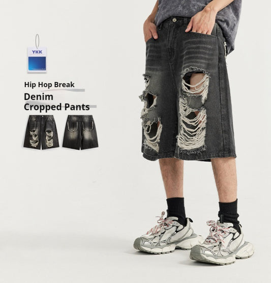 Denim Black Washed Streetwear Hip-Hop Ripped Fringe Raw Edge Pocketed Jean Shorts